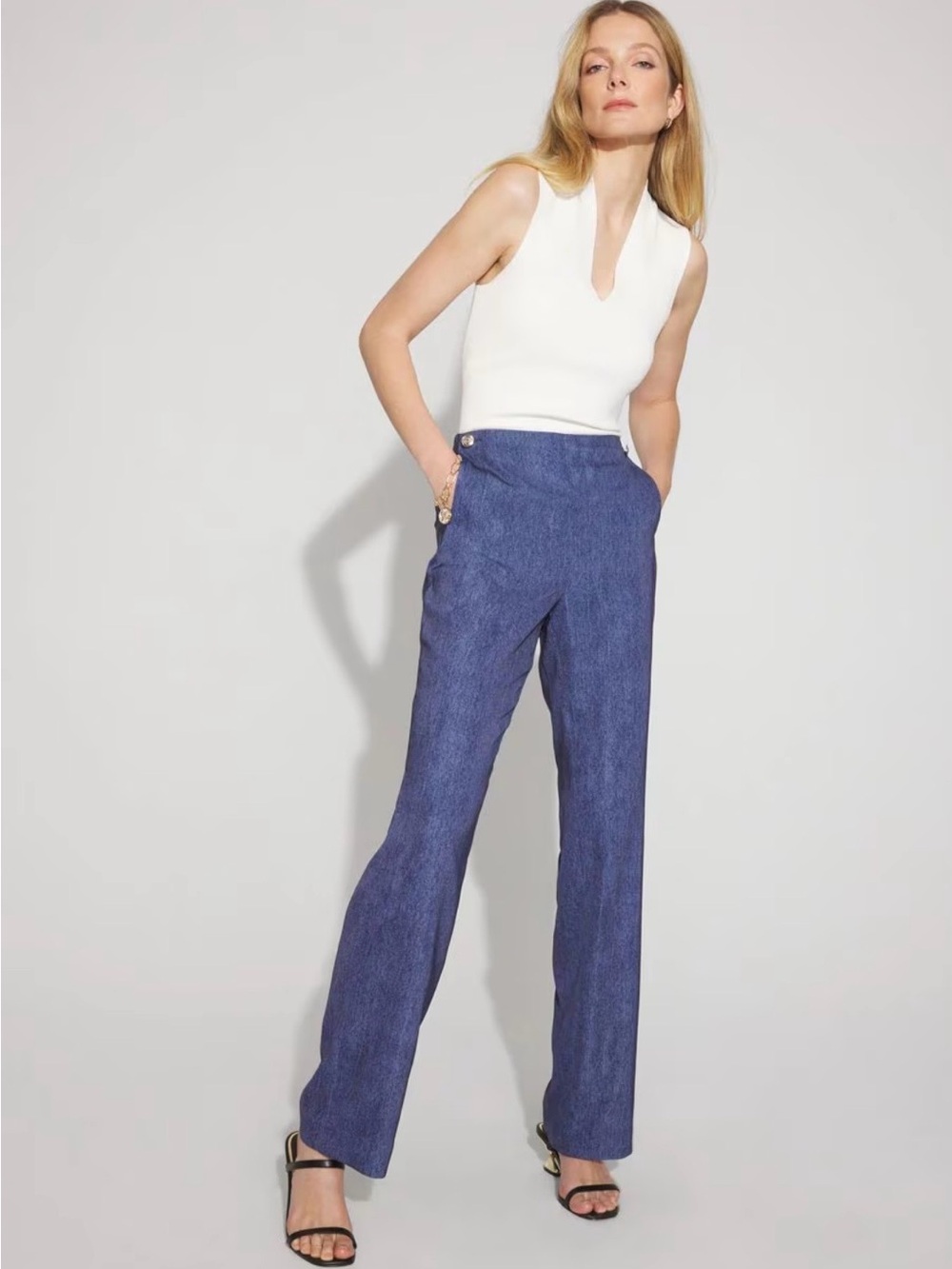 NWT White House Black Market Denim Print Straight Leg Trousers Size 8R NEW!